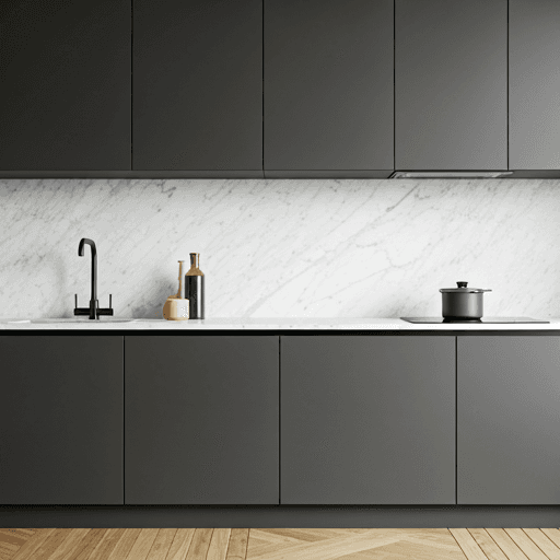 Minimalist modern kitchen cabinetry in dark charcoal grey with marble splashback