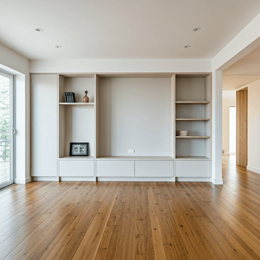Open plan living room with integrated wall shelving and warm hardwood floors
