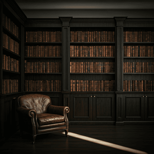 Library with dark wood bookshelves, leather armchair and soft pool of light