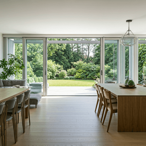 Large open plan living area with panoramic glass doors and mid-century modern furniture