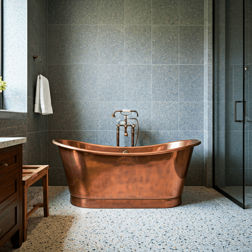 Elegant master bathroom with freestanding copper bathtub and terrazzo flooring