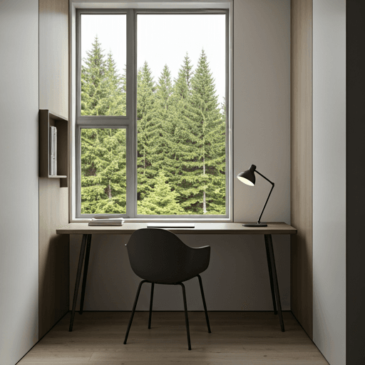 Minimalist study with slim desk and designer chair overlooking a forest