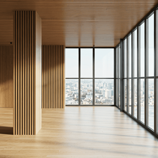 Modern architectural interior with floor-to-ceiling windows and natural wood finishes