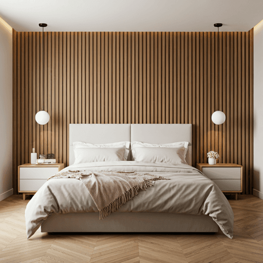 Cohesive master bedroom suite with custom headboard and wall paneling in warm wood tones