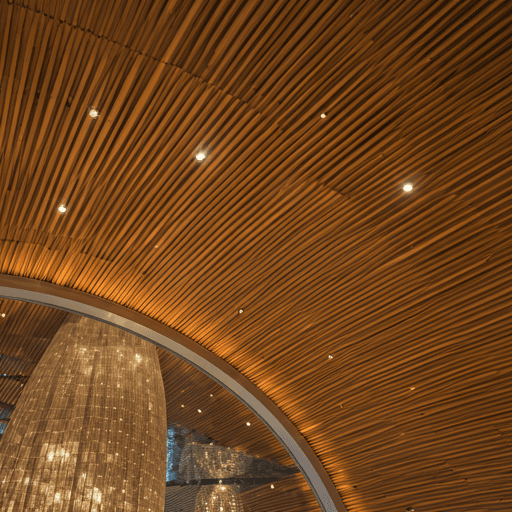 Architectural wood ceiling details in a luxury hotel lobby