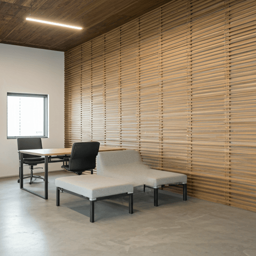 Modern office interior with wooden slat wall panels