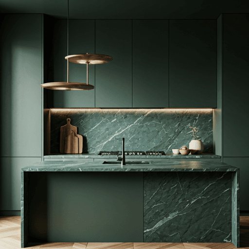 Modern dark green kitchen with marble islands and natural wood shelving