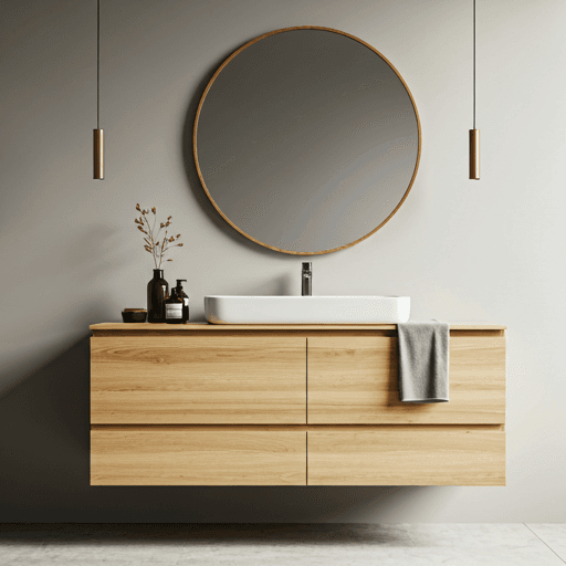 Floating wood bathroom vanity with stone top and minimalist circular mirror