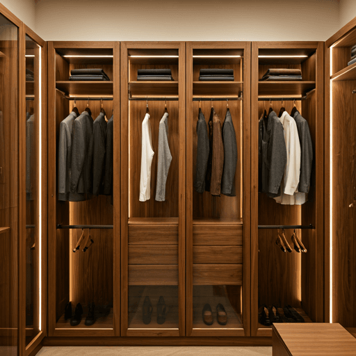 Luxury walk-in closet with integrated LED lighting and glass-fronted walnut cabinets